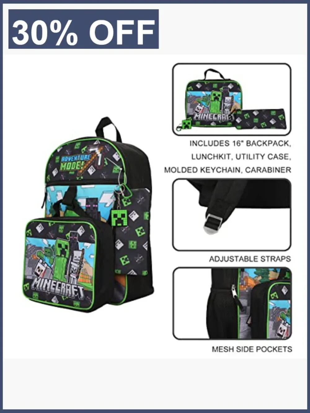 Unisex Minecraft 5-Piece Backpack Set with Lunch Kit & Accessories